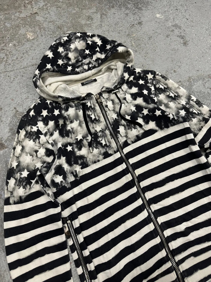 SS2014 Balmain Navy Stripped Star Zip-up Sweatshirt (S) wKFBNkT 9