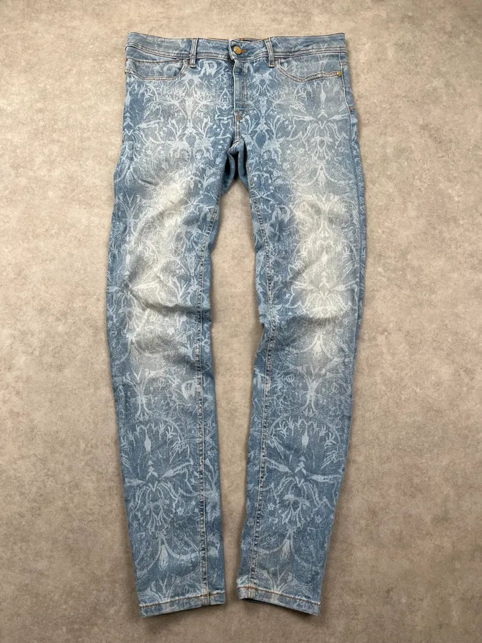 SS2014 Cavalli Light Blue Denim Floral Patterned Skinny Jeans BLjhydx 0