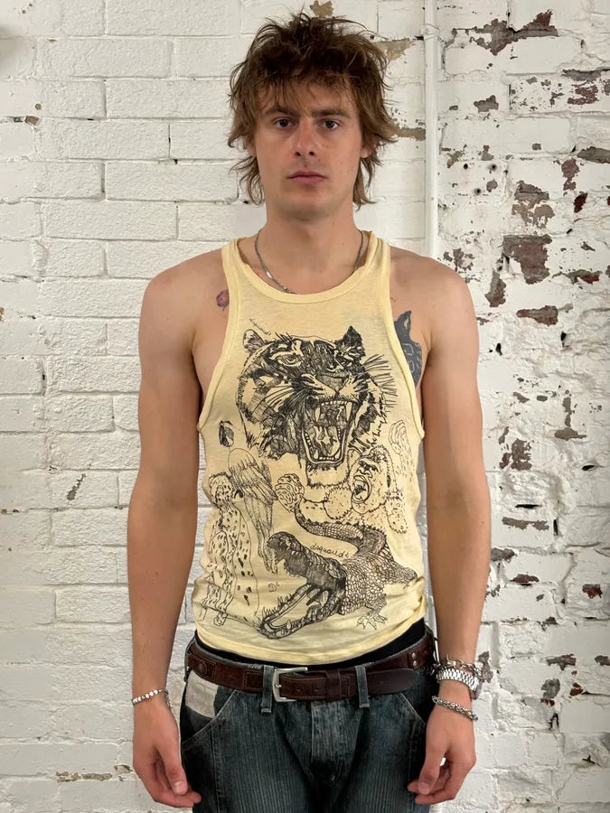SS2014 Dsquared2 Beige Cotton Linen Tiger Jungle Top ETiUKLt 0