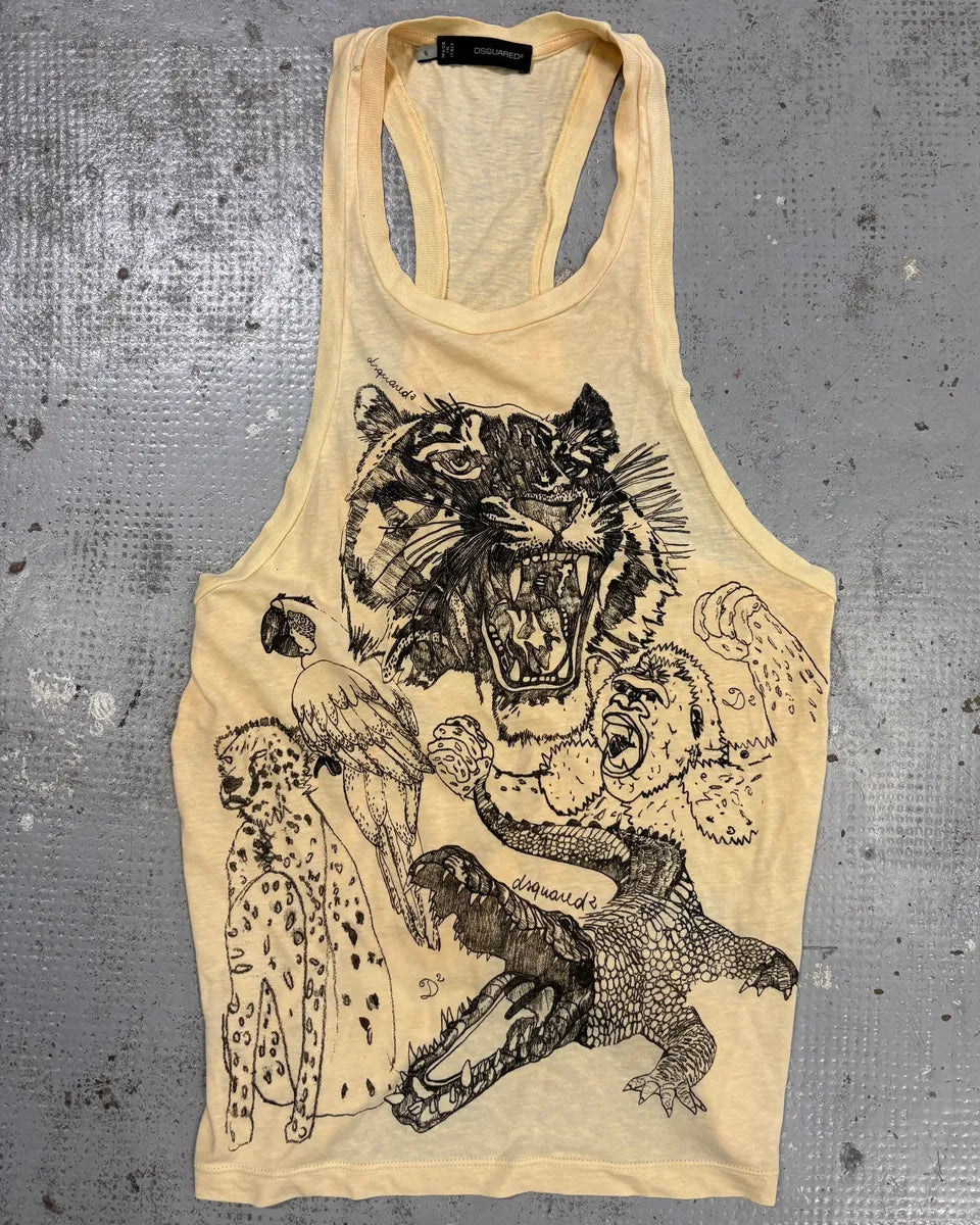 SS2014 Dsquared2 Beige Cotton Linen Tiger Jungle Top ETiUKLt 2