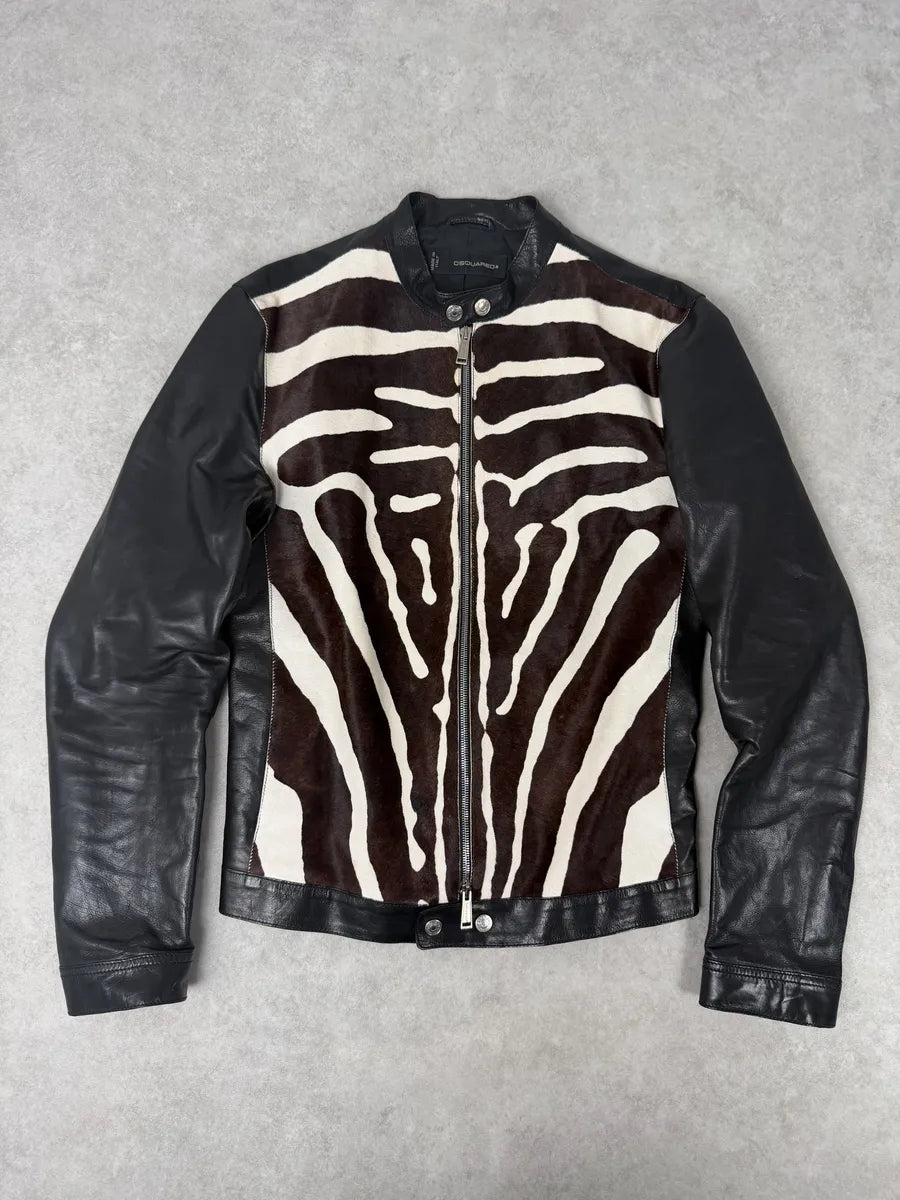 SS2014 Dsquared2 Black Leather Pony Hair Zebra Stripe Jacket eVXlIOU 0