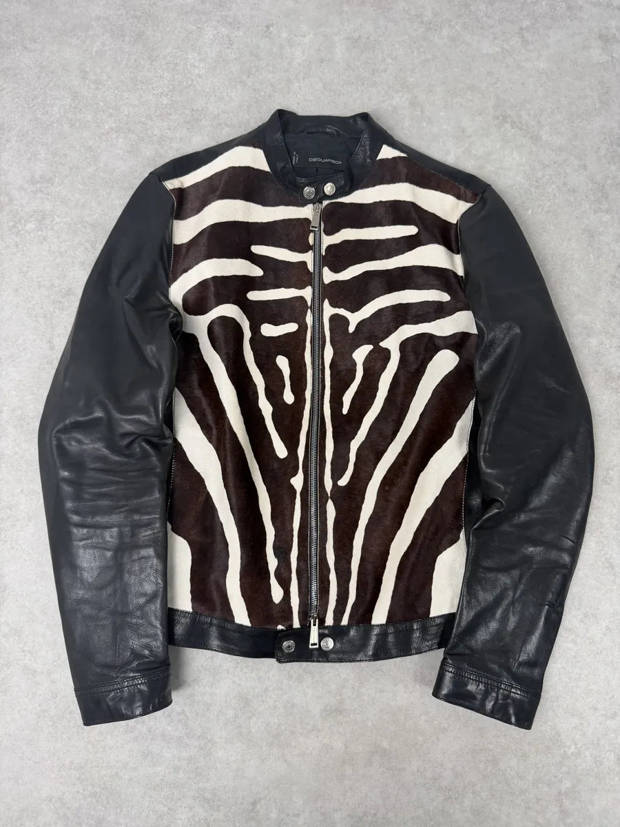 SS2014 Dsquared2 Black Leather Pony Hair Zebra Stripe Jacket eVXlIOU 6