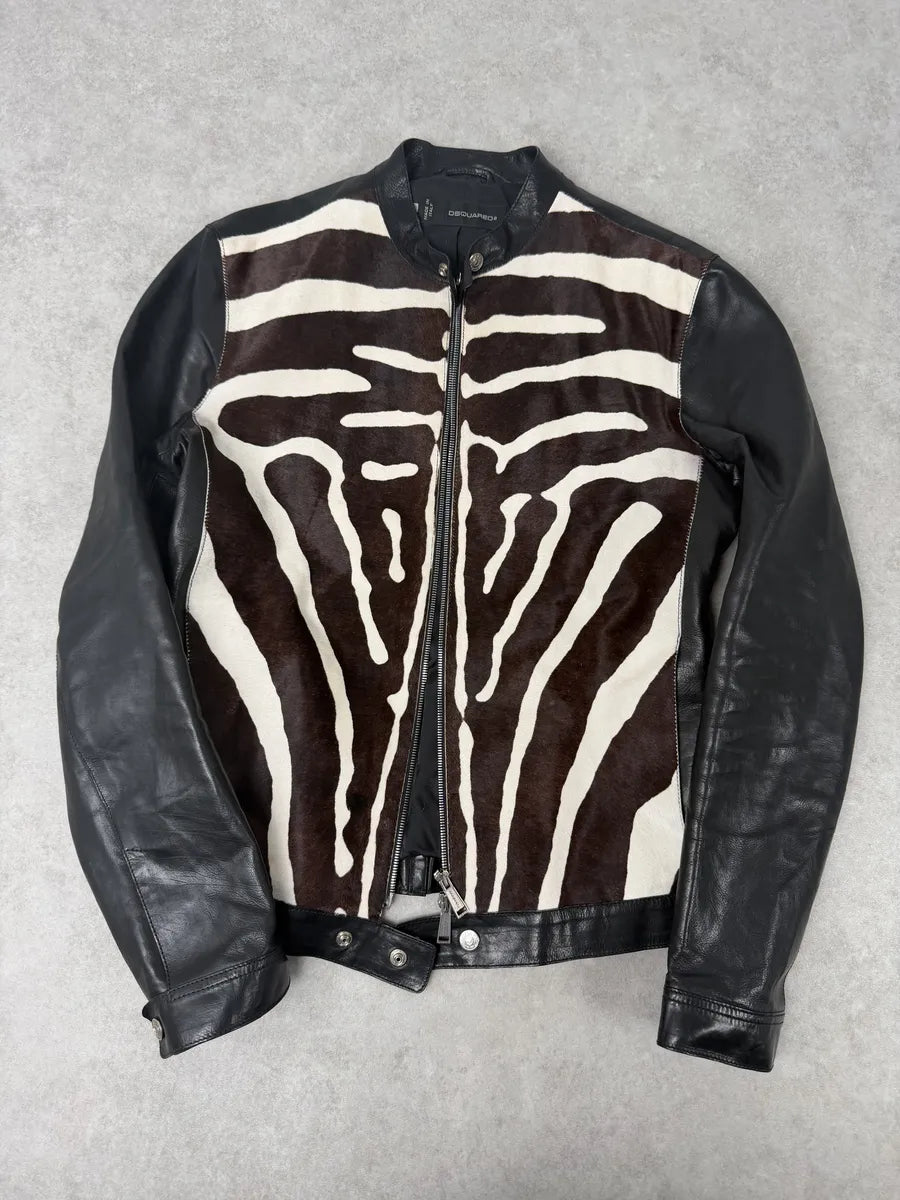 SS2014 Dsquared2 Black Leather Pony Hair Zebra Stripe Jacket eVXlIOU 7