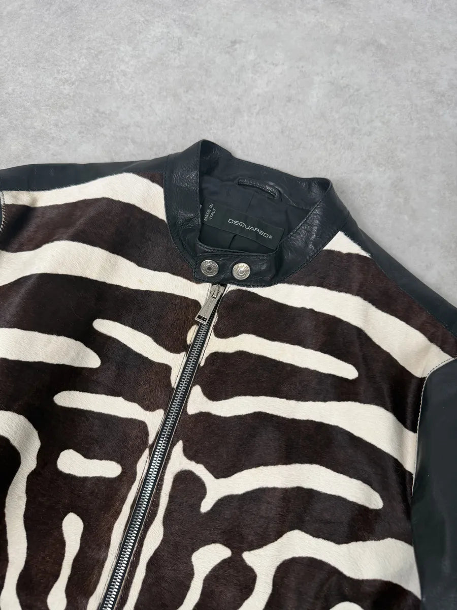 SS2014 Dsquared2 Black Leather Pony Hair Zebra Stripe Jacket eVXlIOU 9