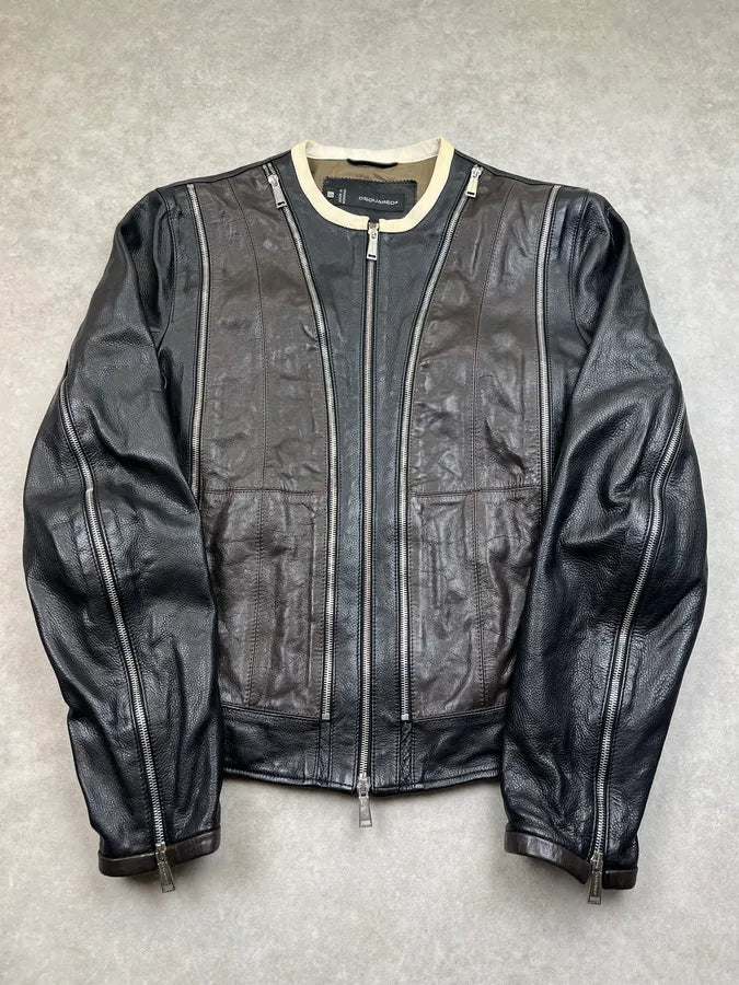 SS2014 Dsquared2 Ultra Zip Motorcycle Black & Brown Leather Jacket iPoJNvI 0