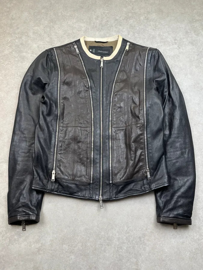 SS2014 Dsquared2 Ultra Zip Motorcycle Black & Brown Leather Jacket iPoJNvI 3