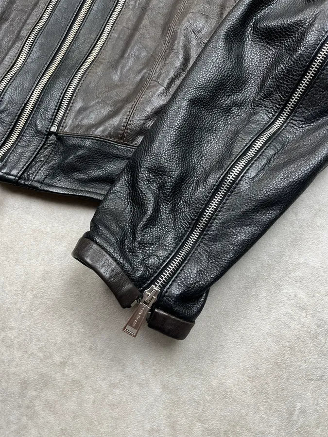 SS2014 Dsquared2 Ultra Zip Motorcycle Black & Brown Leather Jacket iPoJNvI 5