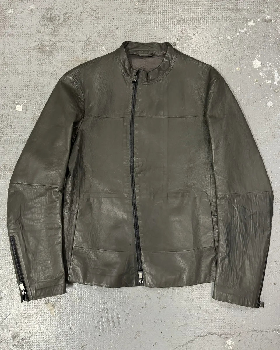 SS2014 Emporio Armani Asymmetrical Brut Grey Leather Jacket (M) 0