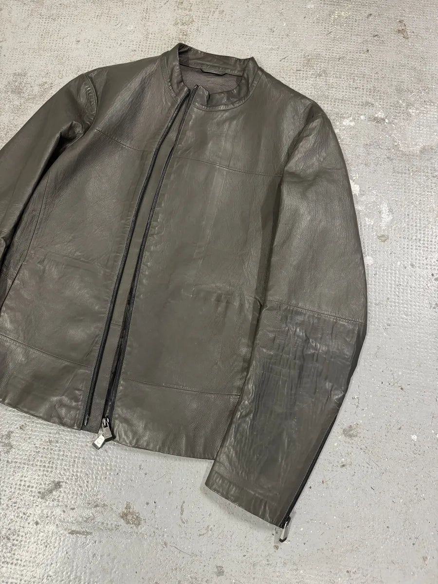 SS2014 Emporio Armani Asymmetrical Brut Grey Leather Jacket (M) 2