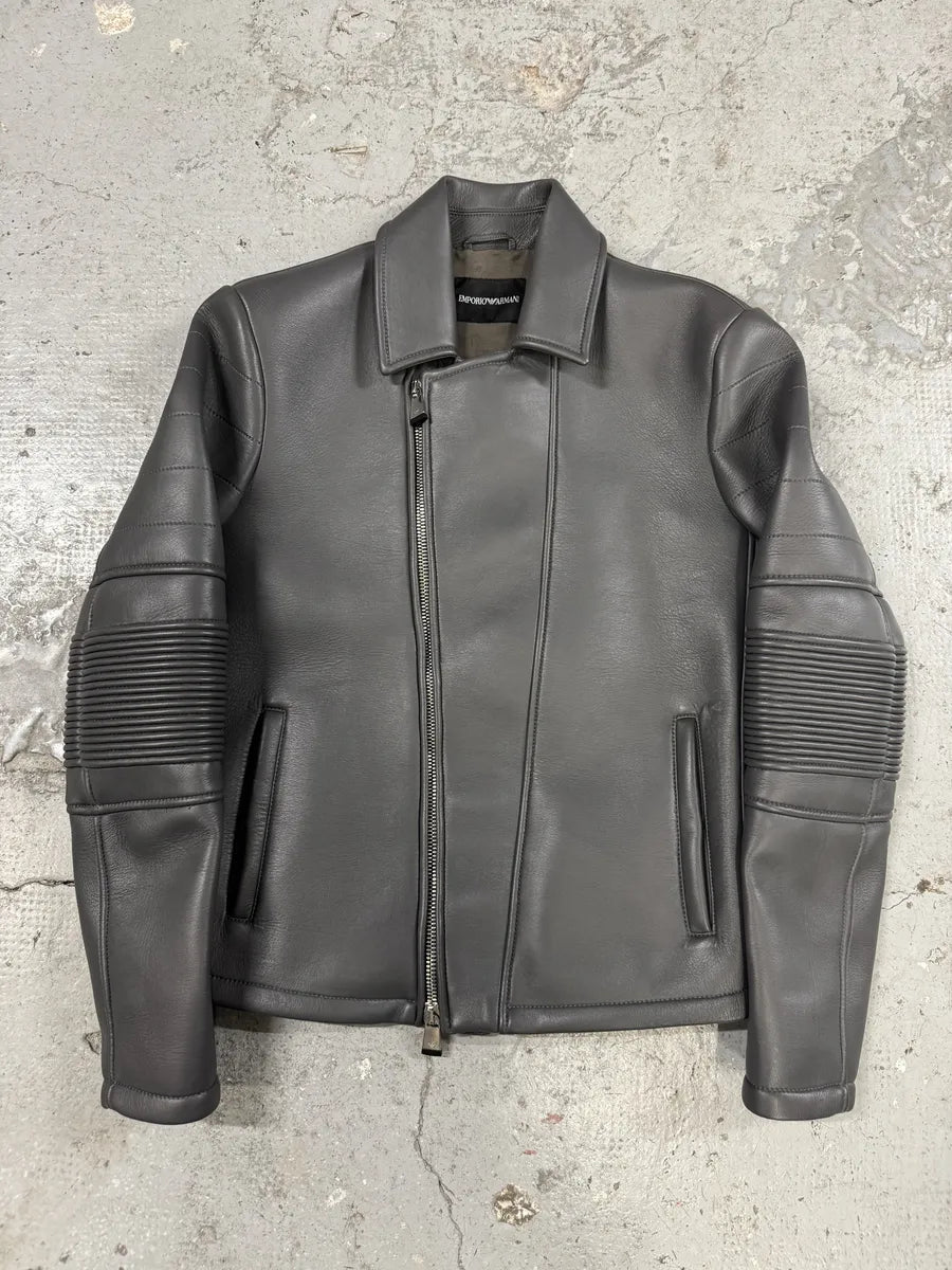 SS2014 Emporio Armani Asymmetrical Grey Biker Leather Jacket (S/M) OfkWeNY 0