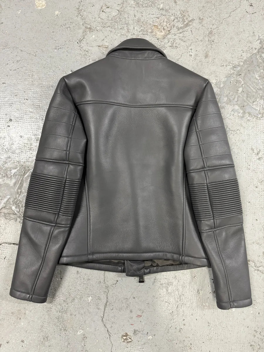 SS2014 Emporio Armani Asymmetrical Grey Biker Leather Jacket (S/M) OfkWeNY 1