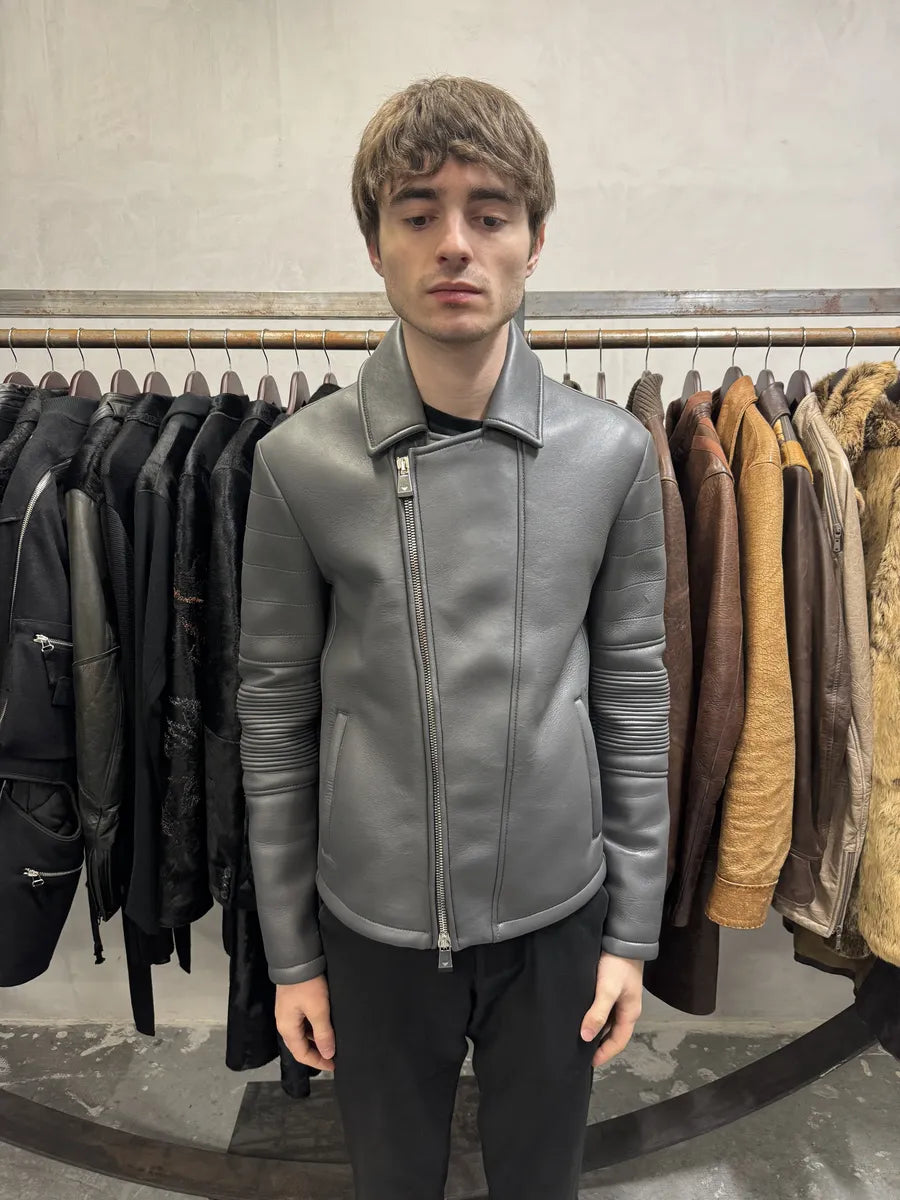 SS2014 Emporio Armani Asymmetrical Grey Biker Leather Jacket (S/M) OfkWeNY 2