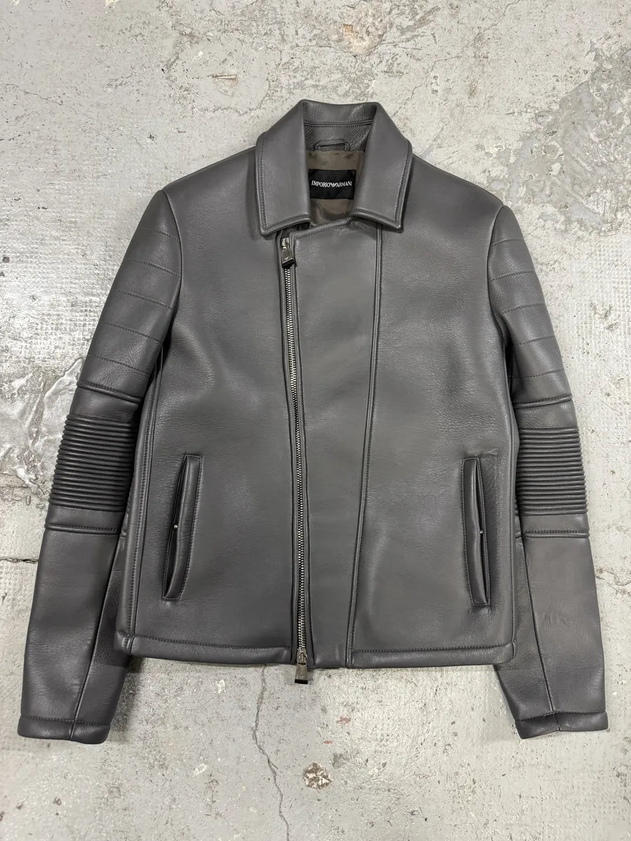 SS2014 Emporio Armani Asymmetrical Grey Biker Leather Jacket (S/M) OfkWeNY 4
