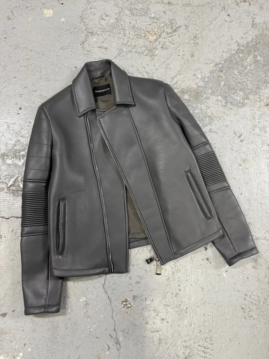 SS2014 Emporio Armani Asymmetrical Grey Biker Leather Jacket (S/M) OfkWeNY 6
