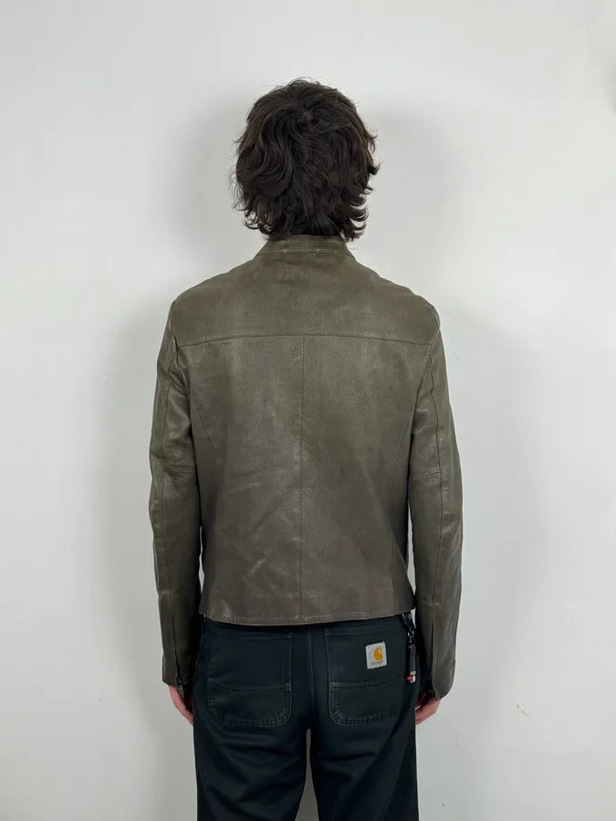 SS2014 Emporio Armani Asymmetrical Zip Perfored Grey Leather Jacket PNRctnI 2