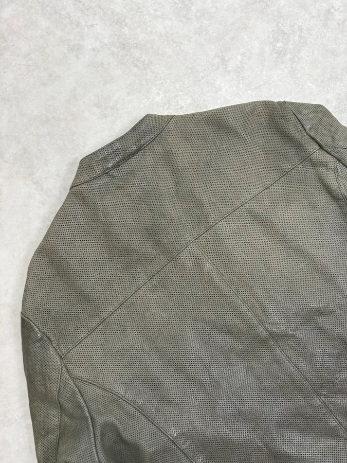 SS2014 Emporio Armani Asymmetrical Zip Perfored Grey Leather Jacket PNRctnI 6