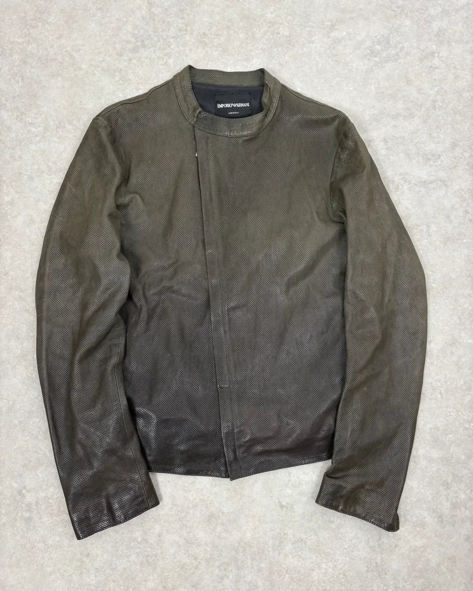 SS2014 Emporio Armani Asymmetrical Zip Perfored Grey Leather Jacket PNRctnI 0