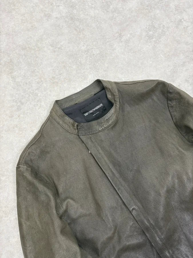 SS2014 Emporio Armani Asymmetrical Zip Perfored Grey Leather Jacket PNRctnI 4