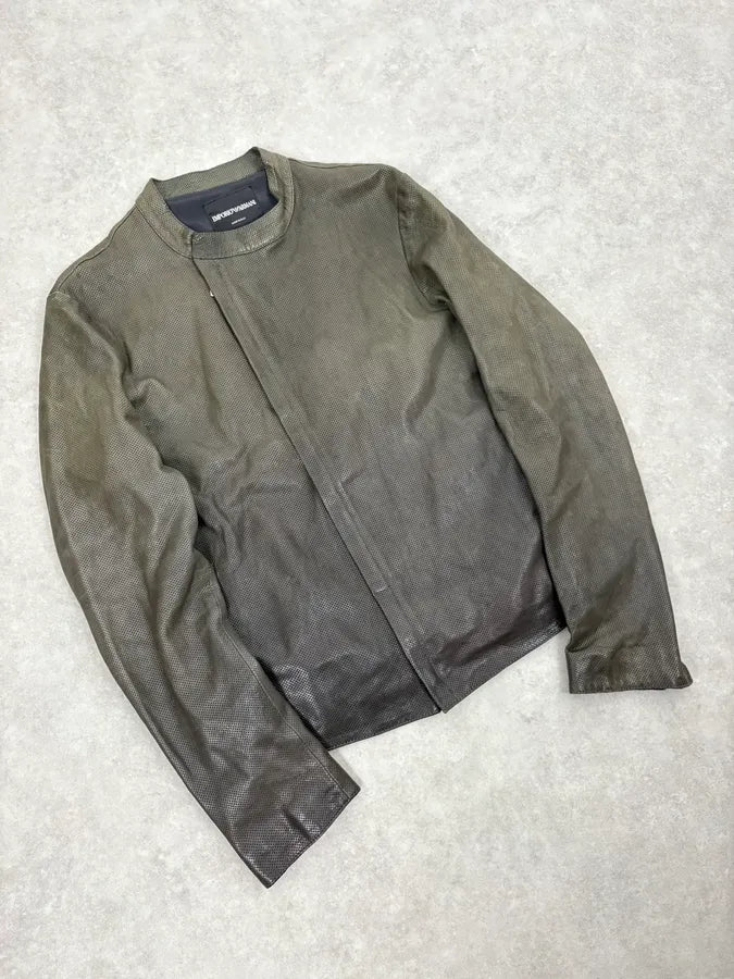 SS2014 Emporio Armani Asymmetrical Zip Perfored Grey Leather Jacket PNRctnI 3