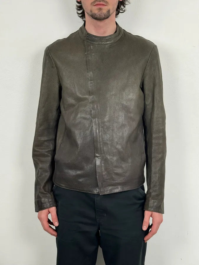 SS2014 Emporio Armani Asymmetrical Zip Perfored Grey Leather Jacket PNRctnI 1