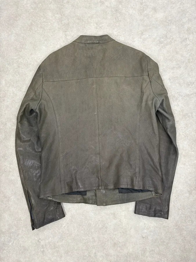 SS2014 Emporio Armani Asymmetrical Zip Perfored Grey Leather Jacket PNRctnI 5