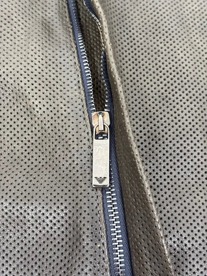 SS2014 Emporio Armani Asymmetrical Zip Perfored Grey Leather Jacket PNRctnI 7