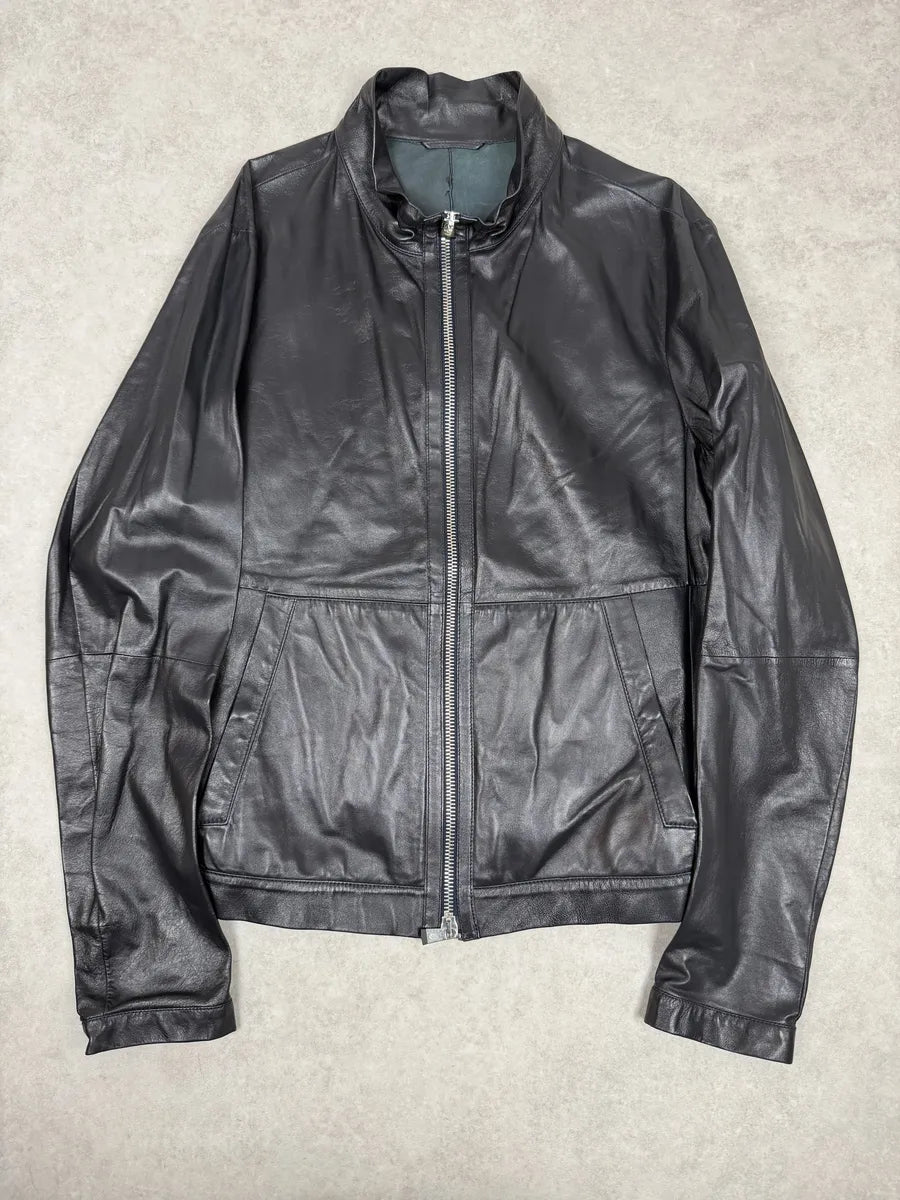 SS2014 Emporio Armani Biker Symetric Black Leather Jacket jSFGJkQ 0