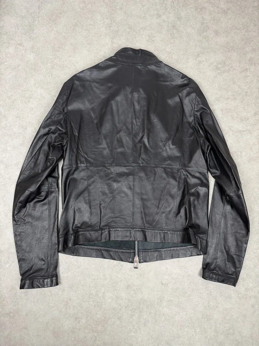 SS2014 Emporio Armani Biker Symetric Black Leather Jacket jSFGJkQ 2