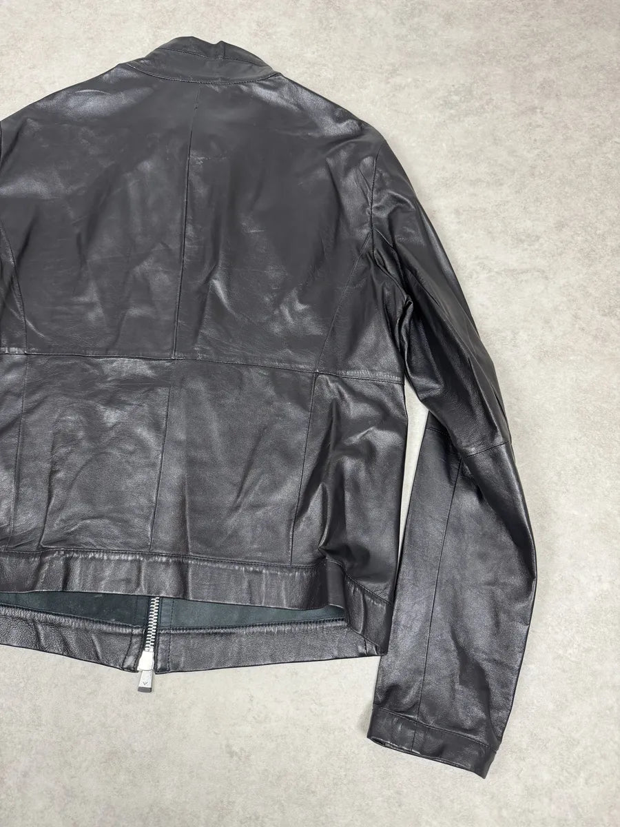SS2014 Emporio Armani Biker Symetric Black Leather Jacket jSFGJkQ 3