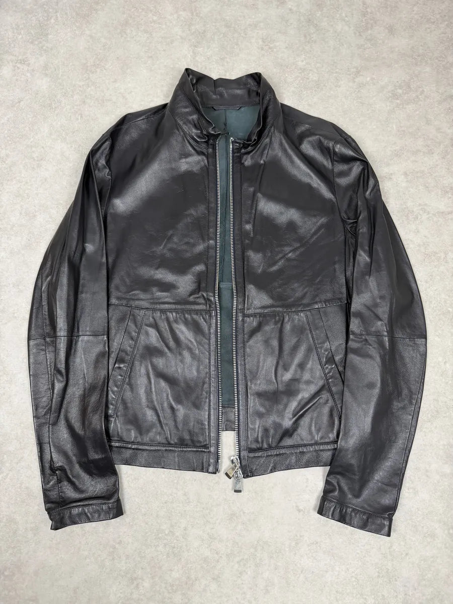 SS2014 Emporio Armani Biker Symetric Black Leather Jacket jSFGJkQ 4