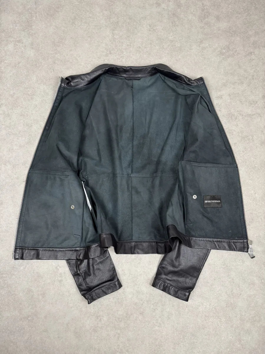 SS2014 Emporio Armani Biker Symetric Black Leather Jacket jSFGJkQ 8