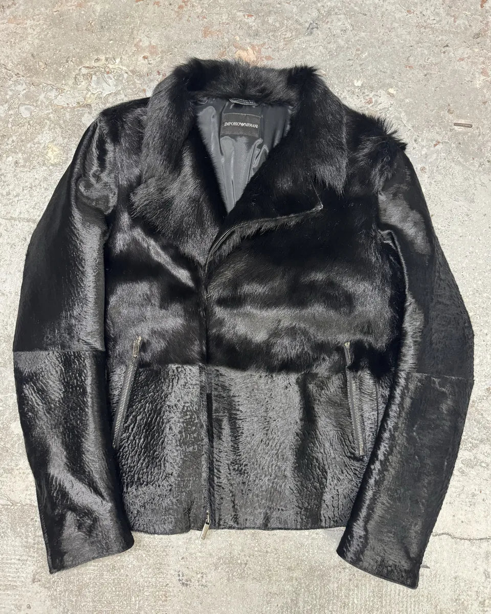SS2014 Emporio Armani Black Baby Calf Skin Fur Asymmetrical Jacket bHdgvgC 0