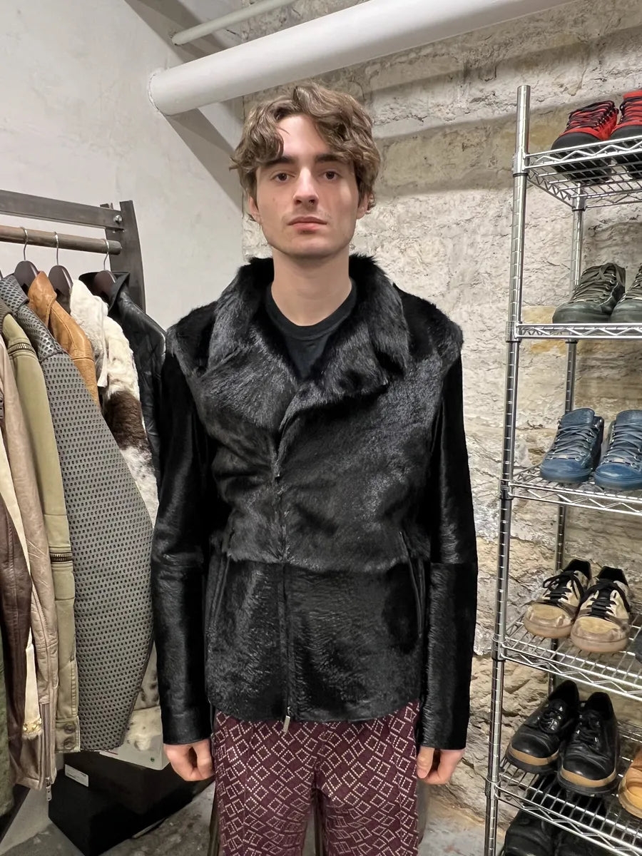 SS2014 Emporio Armani Black Baby Calf Skin Fur Asymmetrical Jacket bHdgvgC 2