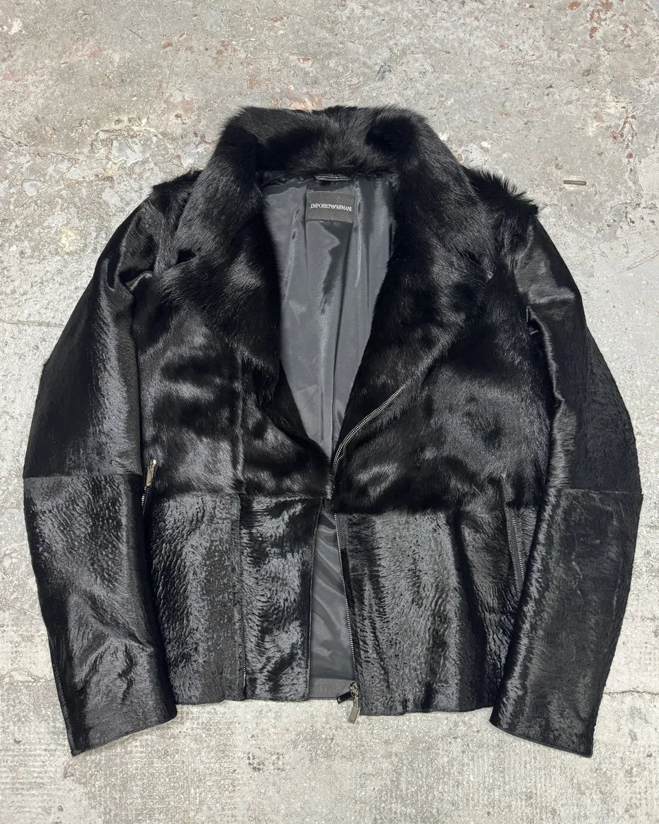 SS2014 Emporio Armani Black Baby Calf Skin Fur Asymmetrical Jacket bHdgvgC 4