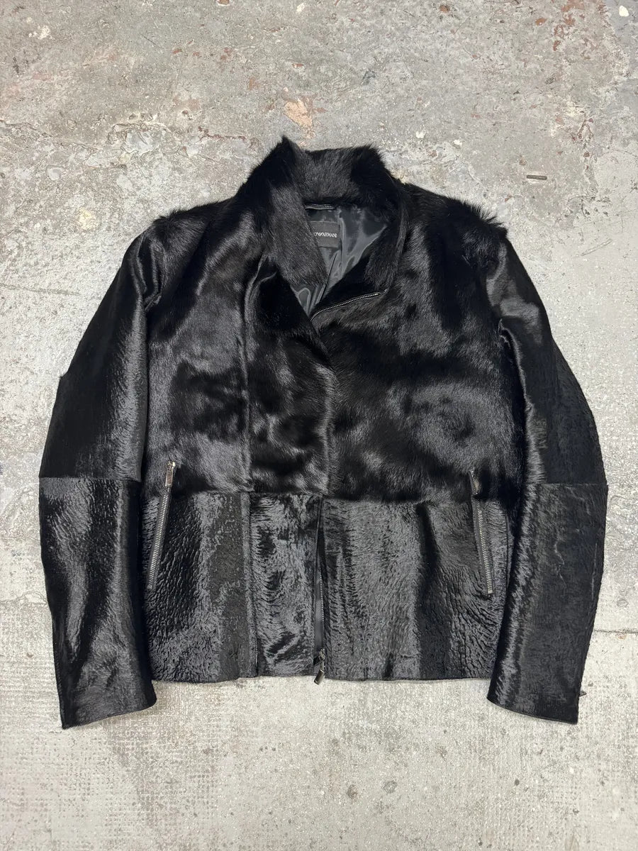 SS2014 Emporio Armani Black Baby Calf Skin Fur Asymmetrical Jacket bHdgvgC 7