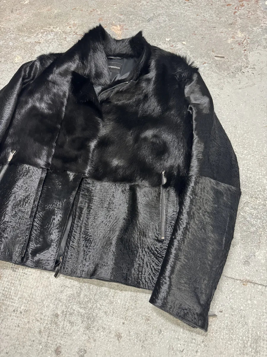SS2014 Emporio Armani Black Baby Calf Skin Fur Asymmetrical Jacket bHdgvgC 8