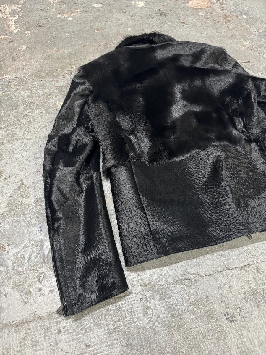 SS2014 Emporio Armani Black Baby Calf Skin Fur Asymmetrical Jacket bHdgvgC 9