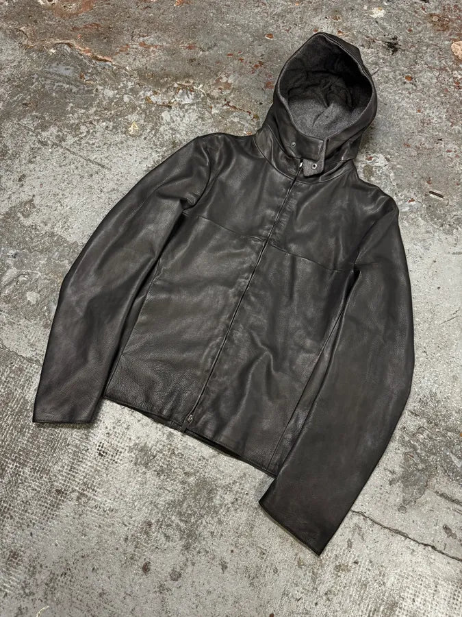 SS2014 Emporio Armani Black Leather Hooded Jacket jBQBzTF 2