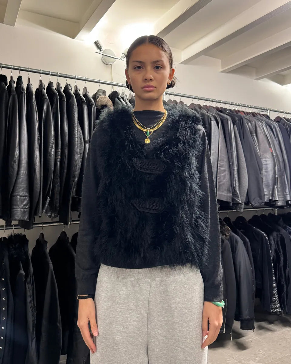 SS2014 Emporio Armani Black Ostrich Feathers Fur Vest BnyPcYh 1