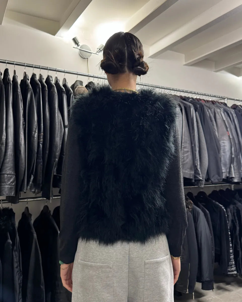 SS2014 Emporio Armani Black Ostrich Feathers Fur Vest BnyPcYh 2