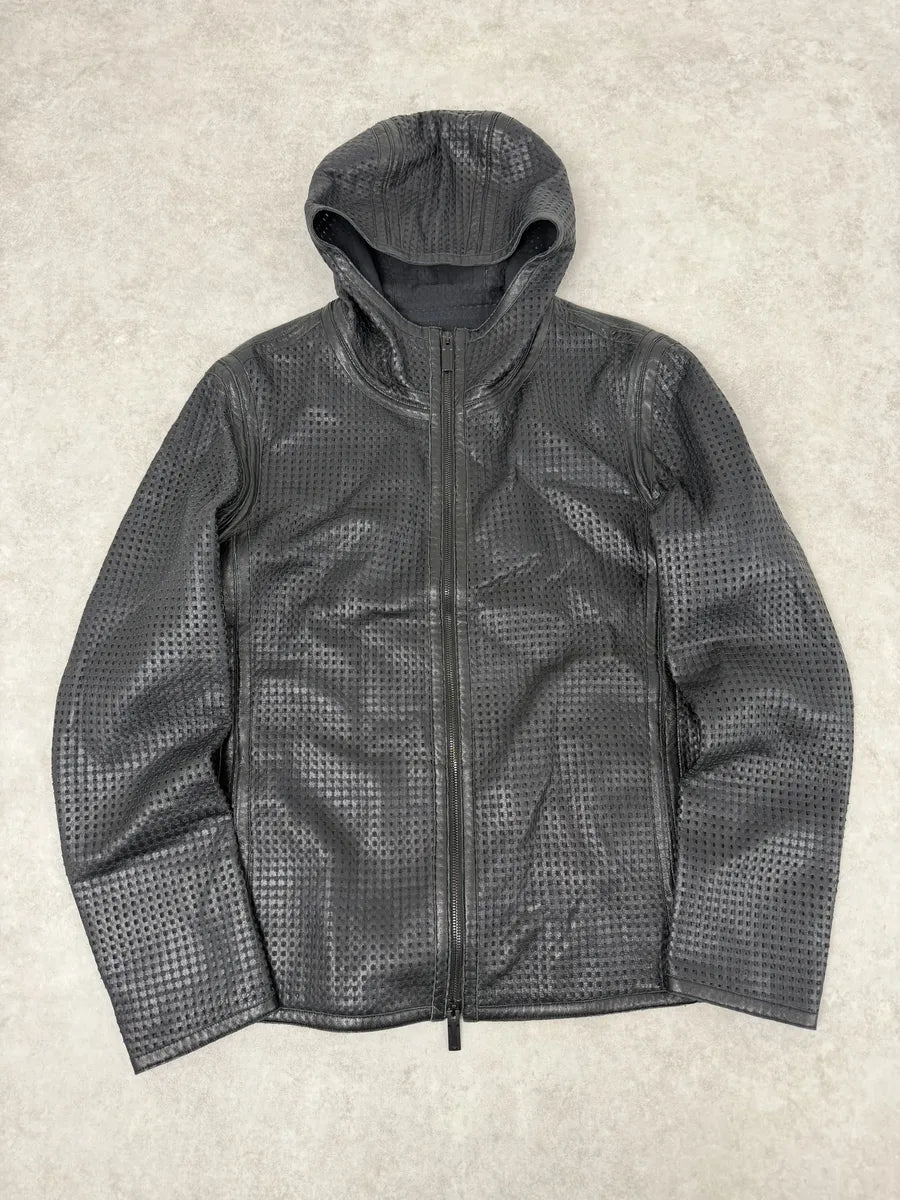 SS2014 Emporio Armani Black Perfored Hooded Leather Jacket DtXmpLW 0