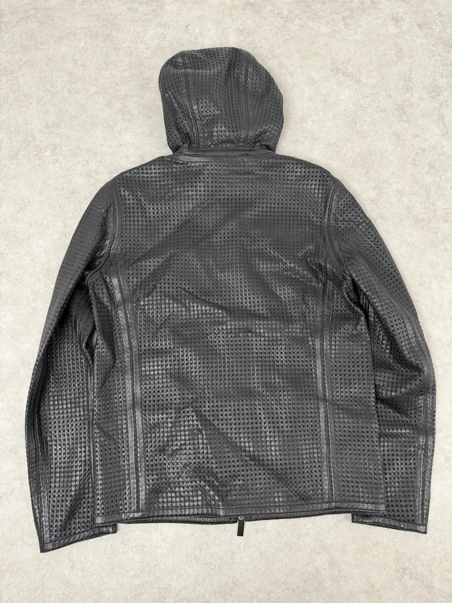 SS2014 Emporio Armani Black Perfored Hooded Leather Jacket DtXmpLW 1