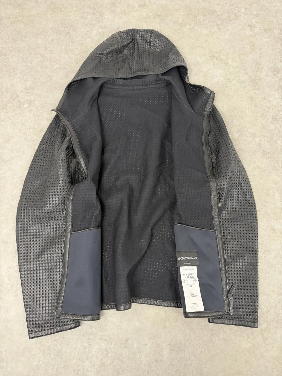 SS2014 Emporio Armani Black Perfored Hooded Leather Jacket DtXmpLW 2