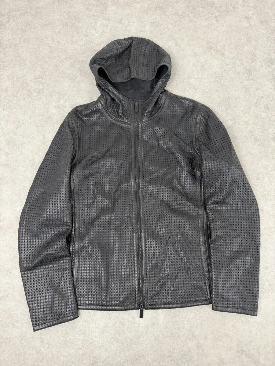 SS2014 Emporio Armani Black Perfored Hooded Leather Jacket DtXmpLW 3