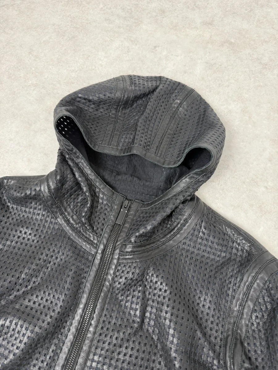 SS2014 Emporio Armani Black Perfored Hooded Leather Jacket DtXmpLW 4