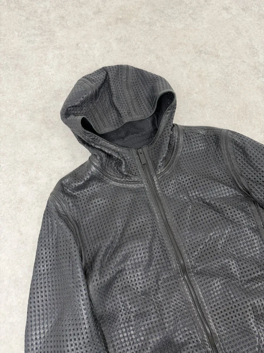 SS2014 Emporio Armani Black Perfored Hooded Leather Jacket DtXmpLW 6