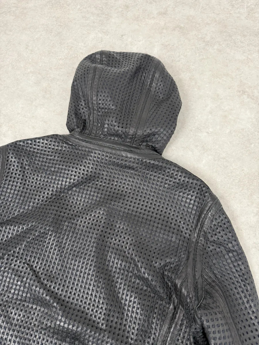 SS2014 Emporio Armani Black Perfored Hooded Leather Jacket DtXmpLW 7