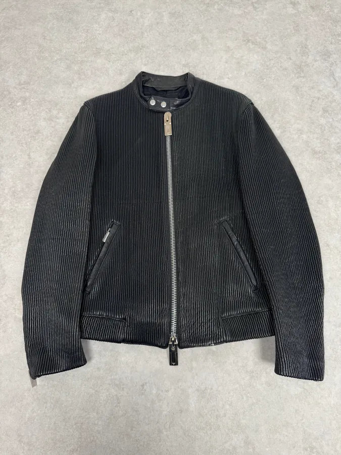 SS2014 Emporio Armani Black Pleated Leather Jacket oDxSGNP 0