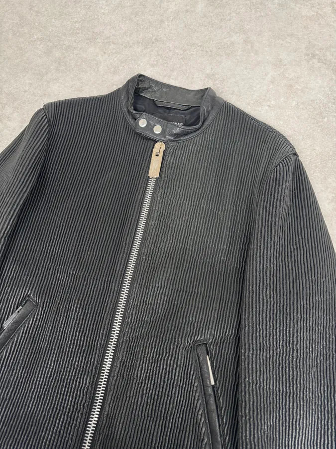 SS2014 Emporio Armani Black Pleated Leather Jacket oDxSGNP 1