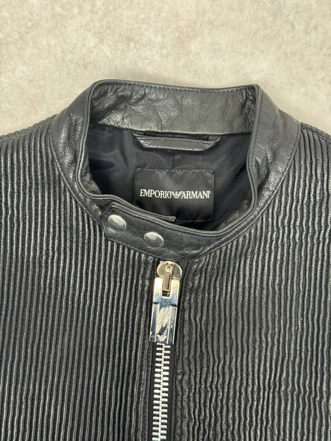 SS2014 Emporio Armani Black Pleated Leather Jacket oDxSGNP 2